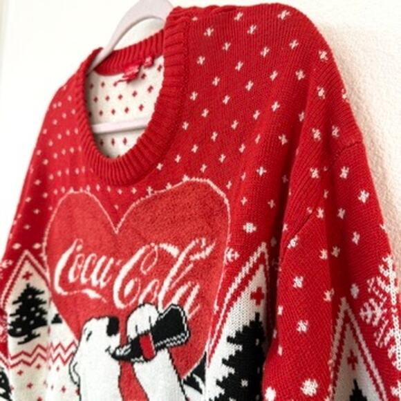 COCA COLA Polar Bear Christmas Sweater Red Holiday Graphic Knit Unisex M Retro - Picture 2 of 5